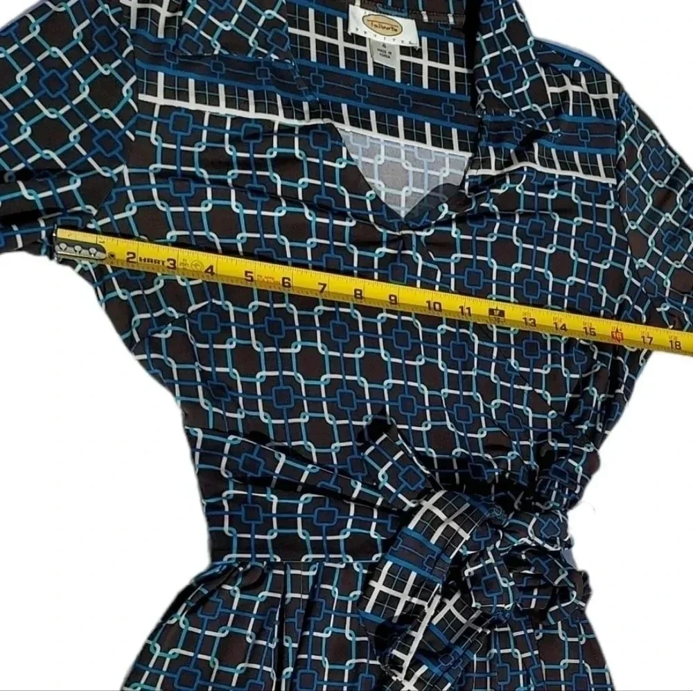 Talbots Petites Geometric Belted Dress Size 4 Blue/ Brown/ White/Turqouise - Picture 6 of 12